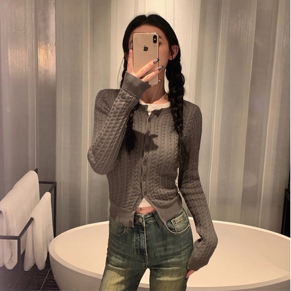 Stylish Gray Cable Knit Button Cardigan Sweater with Matching Scarf